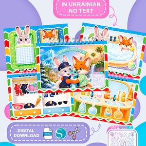 Könnte beinhalten: Bunter digitaler Download mit Cartoon-Charakteren eines Hasen und eines Fuchses in verschiedenen Szenen. Das Bild enthält den Text "Digitaler Download" und einen QR-Code. Das Design ist hell und verspielt, mit Fokus auf Kinderunterhaltung.