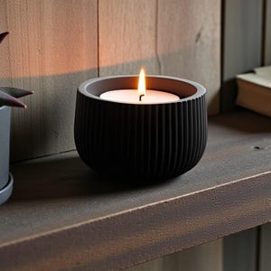 Modern Tealight Candle Holder 3D Printed Ribbed Black Minimalist Decor Scandinavian Style Tea Light Cup For Living Room Bedroom Shelf