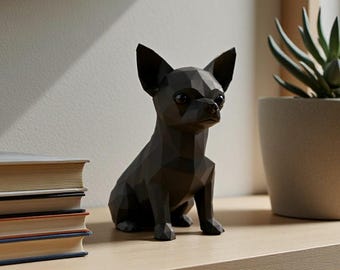 Chihuahua Dog Statue 3D Printed Geometric Puppy Sculpture Minimal Modern Home Decor Pet Lover Gift Minimalist Black Desk Ornament Low Poly