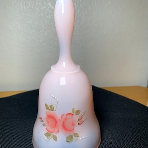 Fenton pink opalescent bell with hand-painted roses