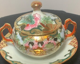 Japanese Kutani Attached Lidded Handled Sugar or Mustard Bowl