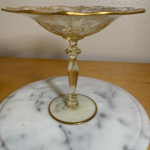 Cambridge Glass yellow Apple Blossom etched tall footed comport candy dish uranium glass