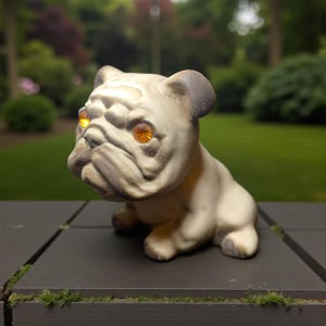 May include: A ceramic bulldog figurine in off-white with dark gray accents. The bulldog has orange crystal eyes and is sitting on a dark gray surface. The background is a blurred view of a green lawn and trees.