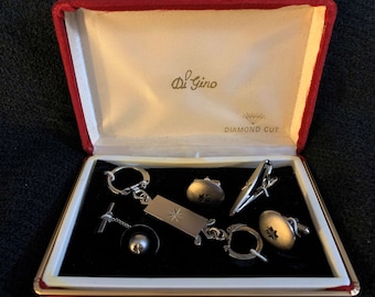 Di Gino Diamond Cut Silver-Toned Cufflinks, Tie Tack, Tie Clip, and Key Chain