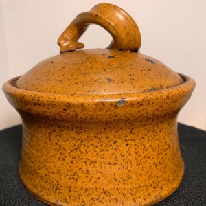 May include: A speckled, lidded ceramic jar in shades of brown. The jar has a rounded body and a lid with a curved handle. The surface is covered in small, dark brown speckles, giving it a rustic appearance. The jar is likely used for storage.