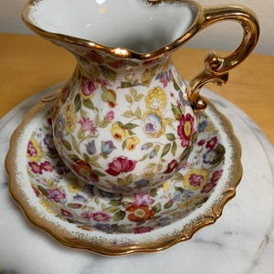 Lefton floral chintz small pitcher and bowl, #8039, gold trim, chamber set, wash basin and pitcher