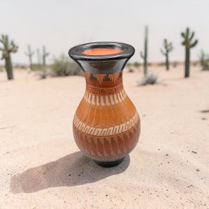 May include: A ceramic vase with a flared rim, featuring a glossy black finish on the top and base. The body displays a warm terracotta color with intricate, repeating geometric patterns in white and dark brown, creating a textured look.
