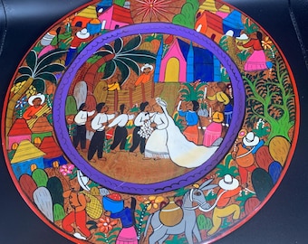Vintage Mexican Folk Art Wood Story Plate, Hand-Painted Guerrero Wedding Scene Charger, 13" diameter