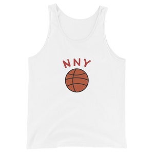 May include: White tank top with a red basketball and the text "NNY" printed on the front.