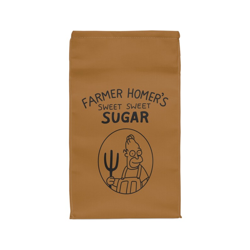 May include: A brown paper bag with the text "Farmer Homer's Sweet Sweet Sugar" and a cartoon image of Homer Simpson holding a pitchfork.