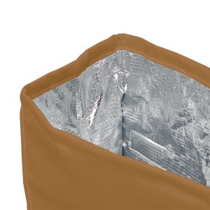 May include: A brown insulated lunch bag with a silver lining. The bag is open and the lining is visible.