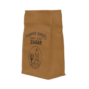 May include: A brown paper bag with the text "Farmer Homer's Sweet Sweet Sugar" and a cartoon image of Homer Simpson holding a pitchfork.