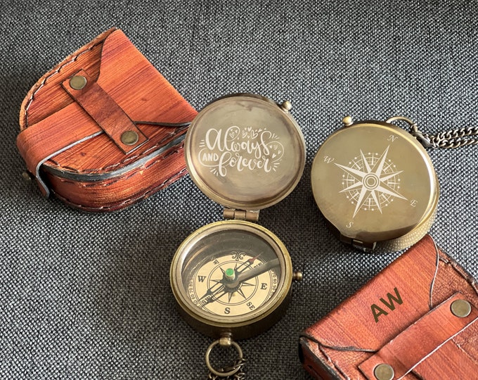 Personalized Pocket Compass and Leather Pouch Set, Custom Engraved Compass, Unique Compass Gift for Him, Gift for Dad
