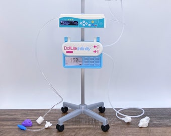 Toy Hospital Play System for Dolls and Stuffed Animals. Toy Infusion Pump, IV bag, Port-A-Cath and a Toy Enteral Feeding Pump with G-tube.