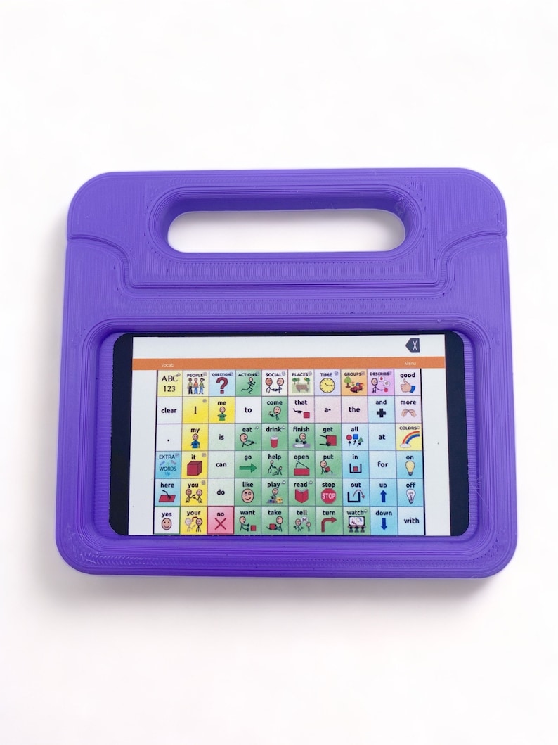 May include: A purple protective tablet case with an integrated handle surrounding a digital screen displaying a communication grid. The screen features a colorful array of icons and English text labels organized in a grid for speech assistance.