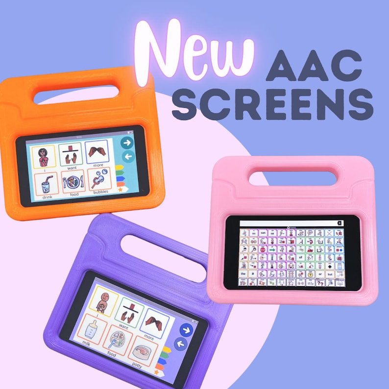 May include: Three tablet devices in orange, purple, and pink protective cases with integrated handles. Each screen displays an AAC communication interface with various icons and text labels. The text New AAC SCREENS is visible at the top.