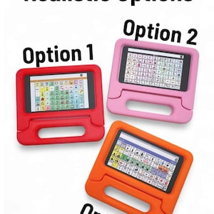 May include: Three tablets in protective cases labeled Realistic Options, Option 1, Option 2, and Option 3. The cases are red, pink, and orange, each featuring a handle and a screen displaying a grid of communication symbols for speech assistance.
