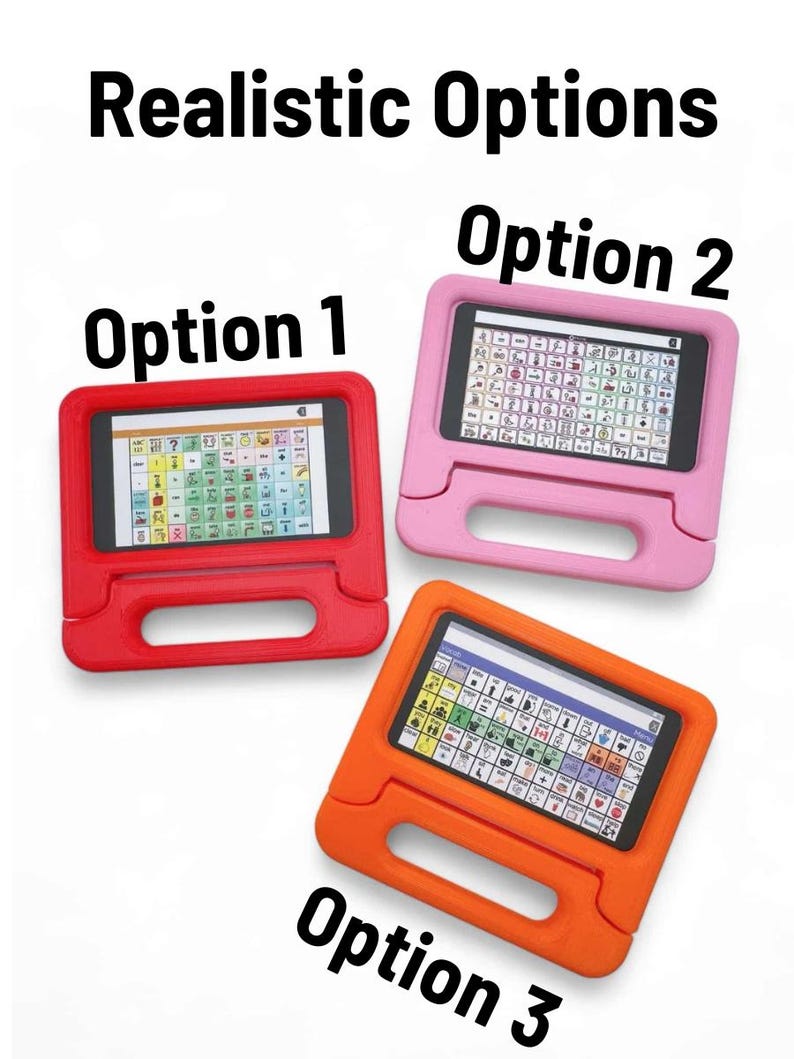 May include: Three tablets in protective cases labeled Realistic Options, Option 1, Option 2, and Option 3. The cases are red, pink, and orange, each featuring a handle and a screen displaying a grid of communication symbols for speech assistance.