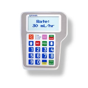 May include: A medical device with a screen displaying "Rate: 30 mL/hr." It has a keypad with numbers and function buttons labeled "ON/OFF," "RUN/PAUSE," "NO/YES," and "PRIME/BOLUS." The device is white and gray.