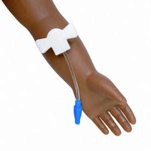 May include: A brown arm with a white medical device secured around the wrist. A clear tube extends from the device, connecting to a blue component. The arm is positioned against a white background.