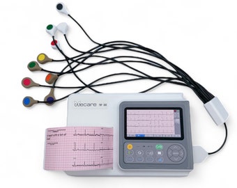 May include: A white medical device with a screen displaying a heart rate monitor reading. The device has a series of buttons and a paper roll with a printed heart rate reading. The device is connected to six colored leads with sensors.