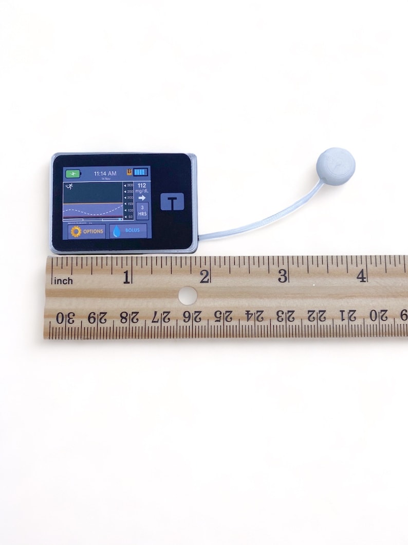 May include: A small, gray, rectangular medical device with a black screen displaying a graph and the time 11:14 AM. The device has two buttons labeled "OPTIONS" and "BOLUS". A white tube with a round, gray sensor is attached to the device.
