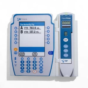 May include: A white and blue Polaris Pump medical device with a digital display showing readings in mL. The device has buttons and a screen displaying "The Butterfly Pig" and volume measurements.