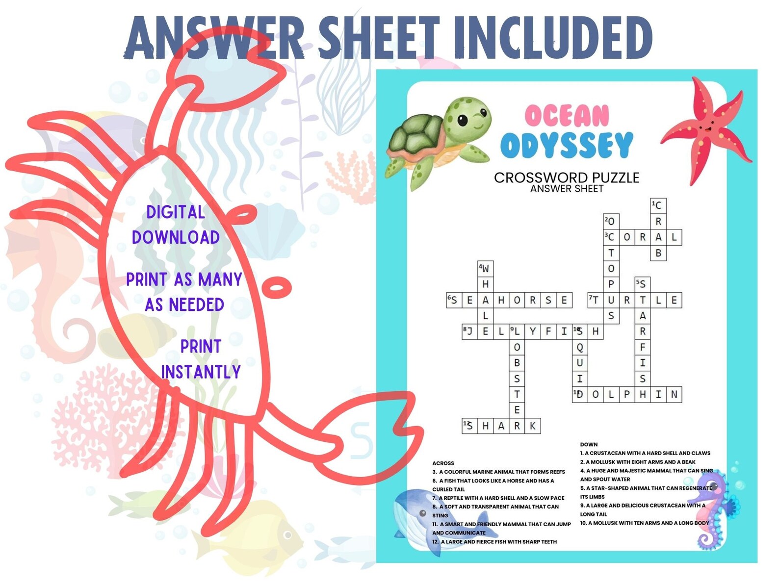 Deep Blue Crossword PDF Digital Printable Water Animals Edition, Brain