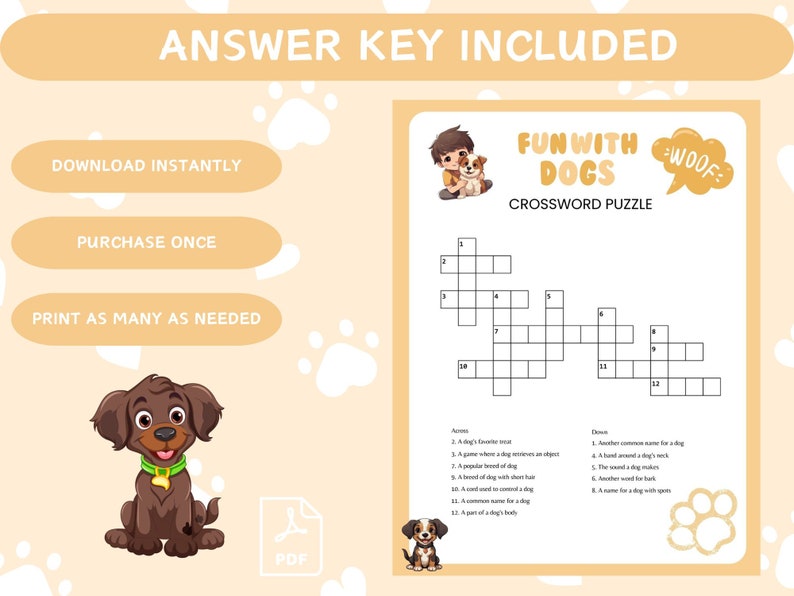 Printable Dog themed Crossword Puzzle Canine Brain Teaser W/answers