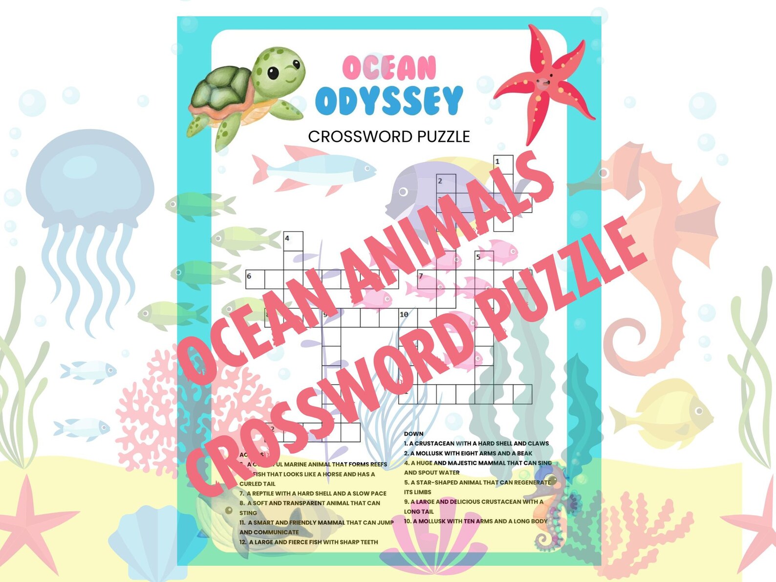 Deep Blue Crossword PDF Digital Printable Water Animals Edition, Brain