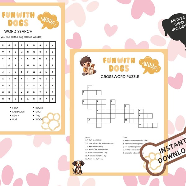 Fun with our Dog Lover's Puzzle Pack Digital Download Printable Dog Puzzles w/Answers, Family Friendly Game, Crossword & Word Search PDF