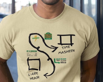 May include: A tan t-shirt with a black and white graphic design of a map with arrows pointing to different locations. The locations include "Brawndo", "Pollo Soul Food", "U Are Hear", "Her Block", and "Time Masheen".
