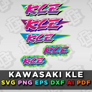 Op de afbeelding: Een grafisch ontwerp met het woord "KLE" in verschillende stijlen en kleuren, waaronder roze, paars en blauw. De tekst "KAWASAKI KLE" wordt hieronder weergegeven, samen met bestandsformaatopties: SVG, PNG, EPS, DXF, AI en PDF.