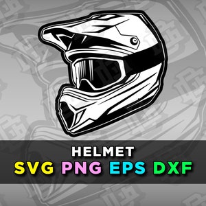 May include: Black and white illustration of a motocross helmet with a visor. The helmet has a graphic design on the side.  The text "HELMET" is below the image. The text "SVG PNG EPS DXF" is below the text "HELMET".