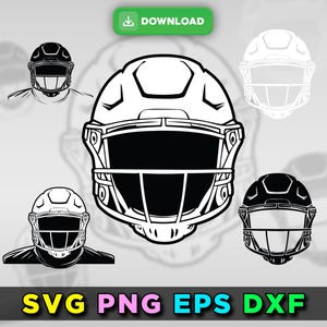 May include: A set of five black and white vector illustrations of football helmets. The helmets are in different poses, including a full-face view, a side view, and a back view.