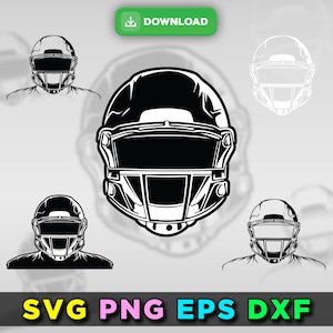 May include: Black and white vector illustration of a football helmet. The helmet is shown in five different views, including a front view, side view, and back view. The helmet has a face mask and a chin strap.