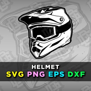 May include: Black and white illustration of a motocross helmet with a visor. The helmet has a textured design and a strap.  SVG PNG EPS DXF