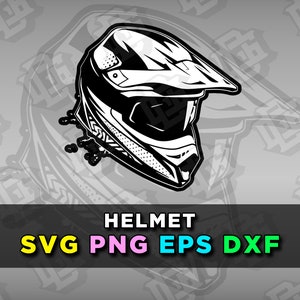 May include: Black and white illustration of a motorcycle helmet. The helmet has a visor and a chin guard. The text "HELMET" is below the image. The text "SVG PNG EPS DXF" is below the text "HELMET".