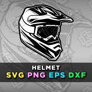 May include: Black and white illustration of a motocross helmet. The helmet has a visor and a detailed design.  SVG PNG EPS DXF.