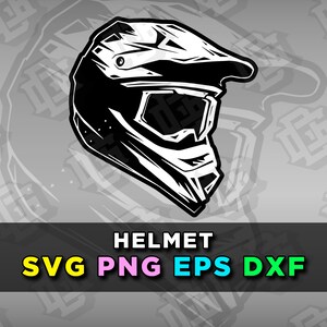 May include: Black and white illustration of a motorcycle helmet with a visor. The helmet has a textured design and is angled to the left. The text "HELMET" is below the image, and the text "SVG PNG EPS DXF" is below that.