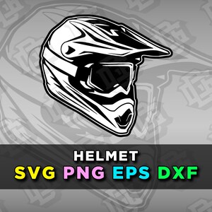 May include: Black and white illustration of a motorcycle helmet with a visor. The helmet has a detailed design with lines and curves. The text "HELMET" is below the image, and the text "SVG PNG EPS DXF" is below that.