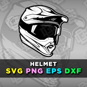 May include: Black and white illustration of a motocross helmet. The word "HELMET" is displayed above the file type options: SVG, PNG, EPS, and DXF.