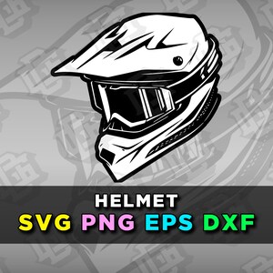 May include: A black and white illustration of a motorcycle helmet with a visor. The helmet has a  'HELMET SVG PNG EPS DXF' text label below it.