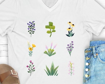 Wildflower V-Neck Tee Shirt, Floral V-Neck Tee, Flower Tee Shirt