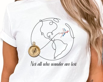 World Travel Adventure  Tee Shirt, Gift for Traveler, Wander but not Lost T Shirt, Global Travel T-Shirt, Globe and Compass Shirt