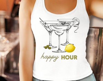 Women's Happy Hour Racerback Tank Tee Shirt, Gift for Her, Ladies Cocktail Hour Tank Top, Cocktail Party T-Shirt