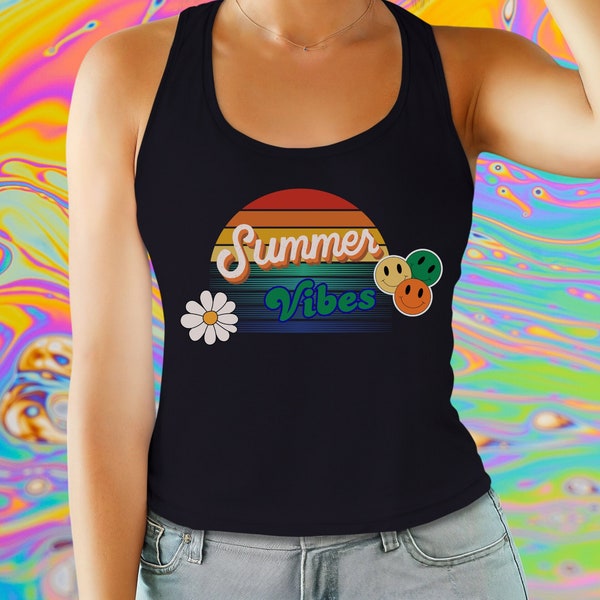 Women's Retro Summer Vibes Racerback Tank Tee Shirt, Gift for Her, Ladies Retro Hippy Summer Tank Top