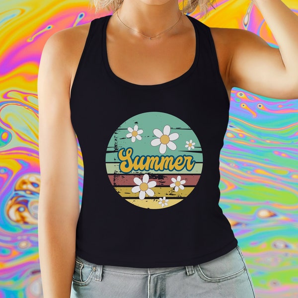 Women's Retro Summer Racerback Tank Tee Shirt, Gift for Her, Ladies Scoopneck Summer Tank Top, Retro Hippy Summer T Shirt