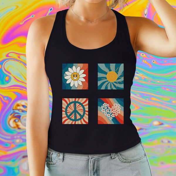 Women's Retro Summer Racerback Tank Tee Shirt, Gift for Her, Ladies Hippy Summer Tank Top, Retro 60s T Shirt