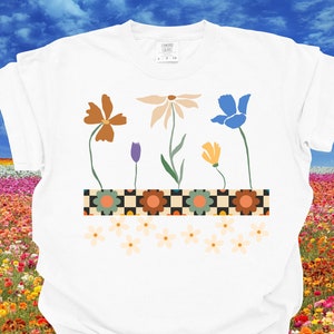 Retro Florral Relaxed Fit Garment-Dyed T-Shirt, Gift for Her, Retro Flower Comfort Fit Tee Shirt, Womens Retro Flower T Shirt